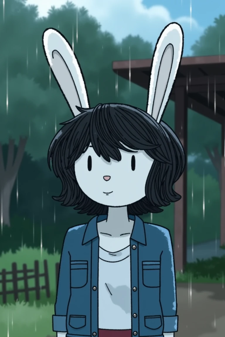 a cartoon rabbit woman with black hair, white skin, wearing a white shirt, caught in a rainstorm outdoors, wet clothes, denim jacket