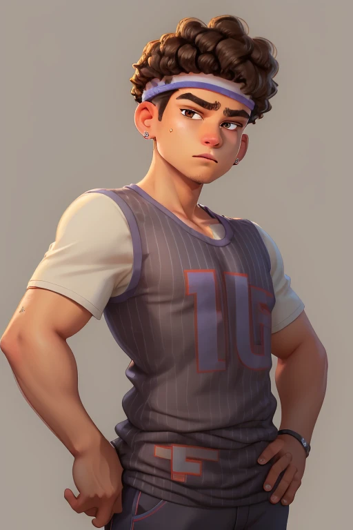 A masterpiece of a young man exuding confidence and charm. TylerNguyen's gaze meets the viewer's as he points with stud earrings glinting, his curly locks framing his strong features. Dark skin radiates warmth on a grey background, where a white shirt and short sleeves accentuate toned arms. A bandaid adorns his cheek, adding to his rugged appeal. Brown eyes sparkle beneath a closed mouth, as he leans into the camera, hand resting on his hip. His dark-featured face is a stunning focal point, with brown hair trimmed close to the scalp adding to his brooding allure.