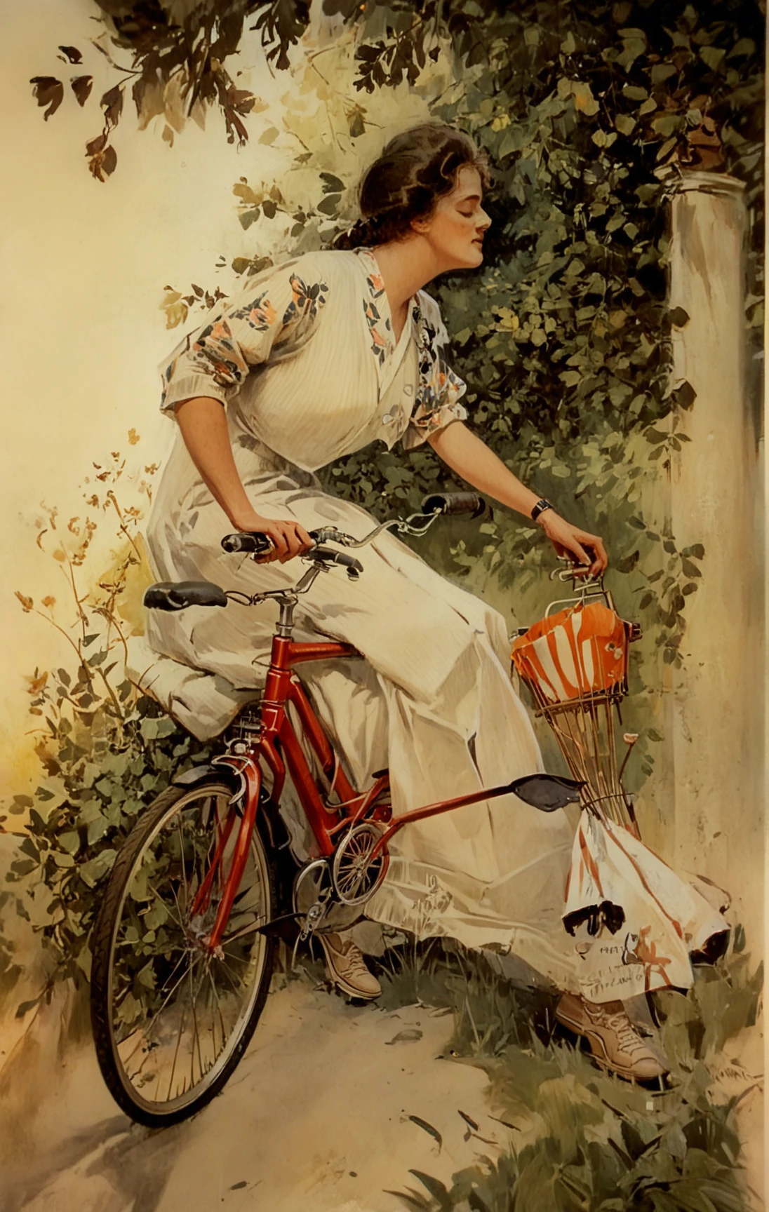 <lora:harrison-fisher_pony_v2:1> 'untitled' by fisher harrison in 1234, , kitsch \(genre\),design \(genre\), a woman sitting  on a bicycle ,, score_9, score_6_up, score_7_up