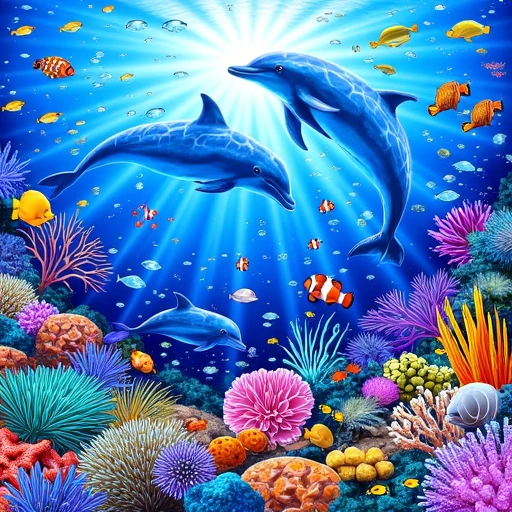 2000s traditional media art of an ocean scenery with dolphins, clownfish, starfish, corals and other fish