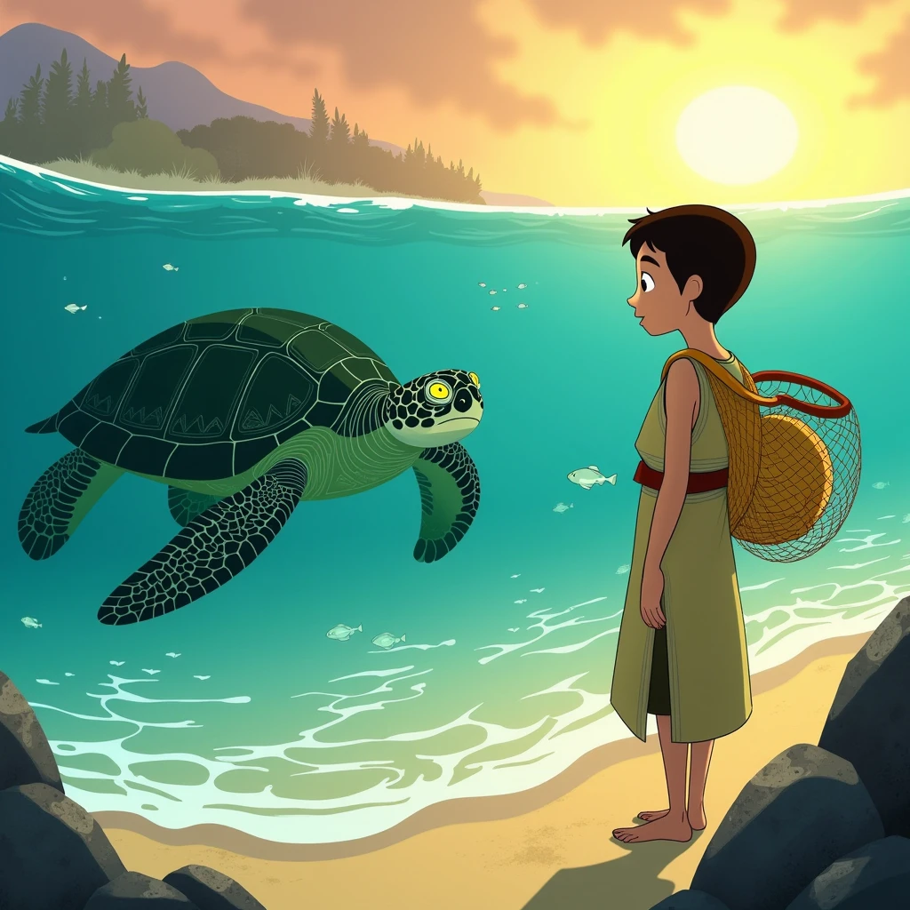 In style of Cartoon Saloon. A shy, young fisher boy, barefoot and wearing a simple tunic, stands on the sandy shore of a serene, crystal-clear lagoon. His wide eyes gaze in awe at a giant sea turtle that has just emerged from the water. The turtle's shell is encrusted with coral and small, glowing sea creatures, and it has a wise, ancient look in its eyes. The boy’s fishing net, draped over his shoulder, is woven with intricate patterns resembling ocean waves. The sun is setting, casting a golden glow over the water, and tiny bioluminescent fish can be seen swimming near the turtle.

