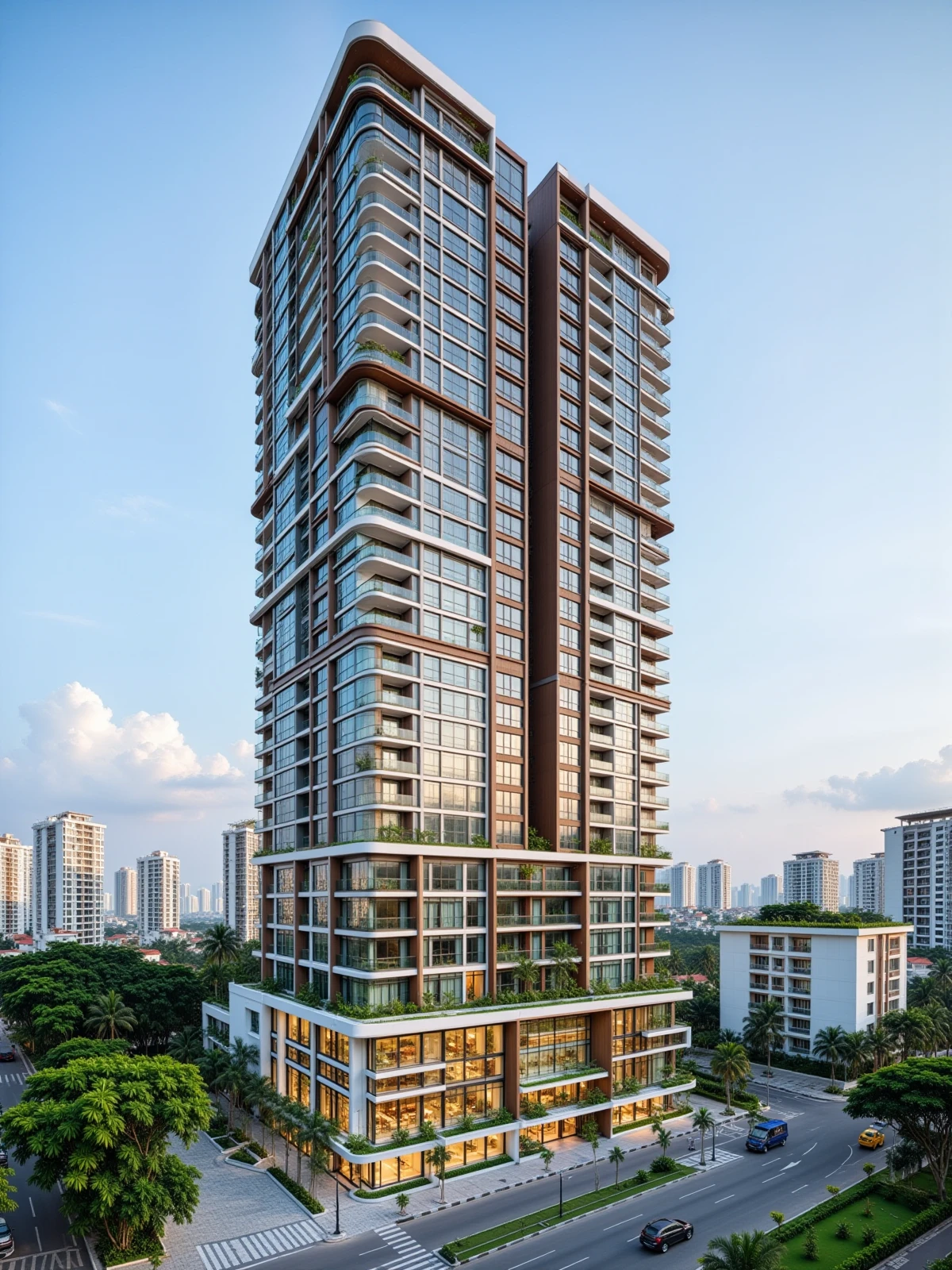 vrender,
photographic of 24-storey modern highrise apartment on city street, glass balcony, skycraper, building complex, 
scenery, motor vehicle, city, car, road, cityscape,
street view,
daylight,