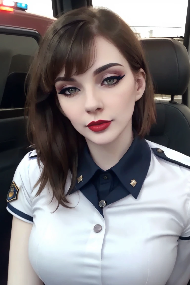 <lora:lioness-07:0.6>,, lioness, ((detailed eyes, detailed face):1.2), ((red lipstick, eye shadow, eyeliner, blush, pale skin)), ((fully clothed, modest)) ,, photo of a woman, , ((police uniform, police badge, police car)), city street, attractive, looking at viewer, ((short hair, messy hair, bangs))