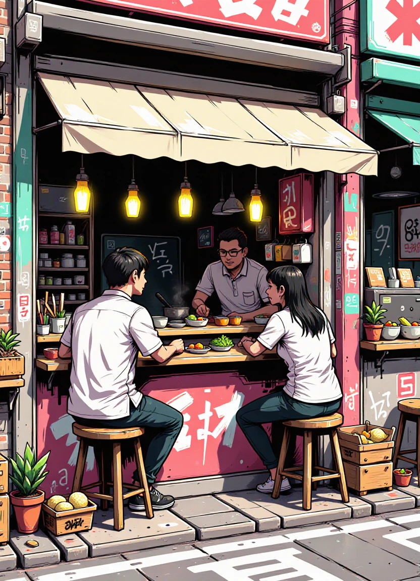 neongraf_style, a man and a woman sitting earing at a street-side ramen bar, cooking utensils and bowls of noodles, canvas awning, close up