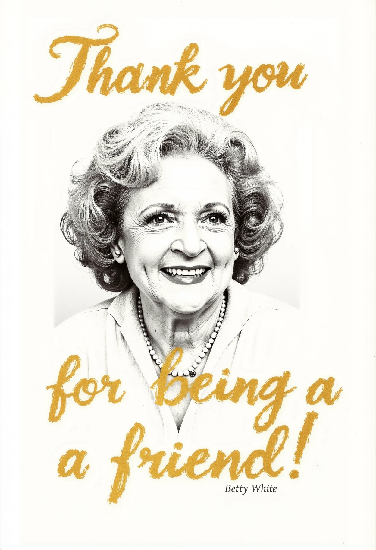 pen and ink sketch of Betty White, old woman, should have the words "Thank you for being a friend!" in large (golden) fancy script letters