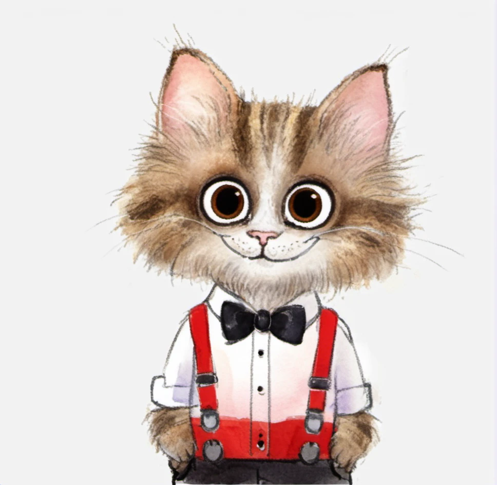 cat, anthropomorphic, cute, big eyes,  whiskers, fluffy, brown fur, wearing clothes, red shirt, black bow tie, suspenders, shorts, childrenâs illustration, watercolor, cartoon style, fantasy art, smiling, front view, standing, white background, drawn, hand-drawn, digital art, character design, playful. <lora:æ½¦è-000012:0.8>,