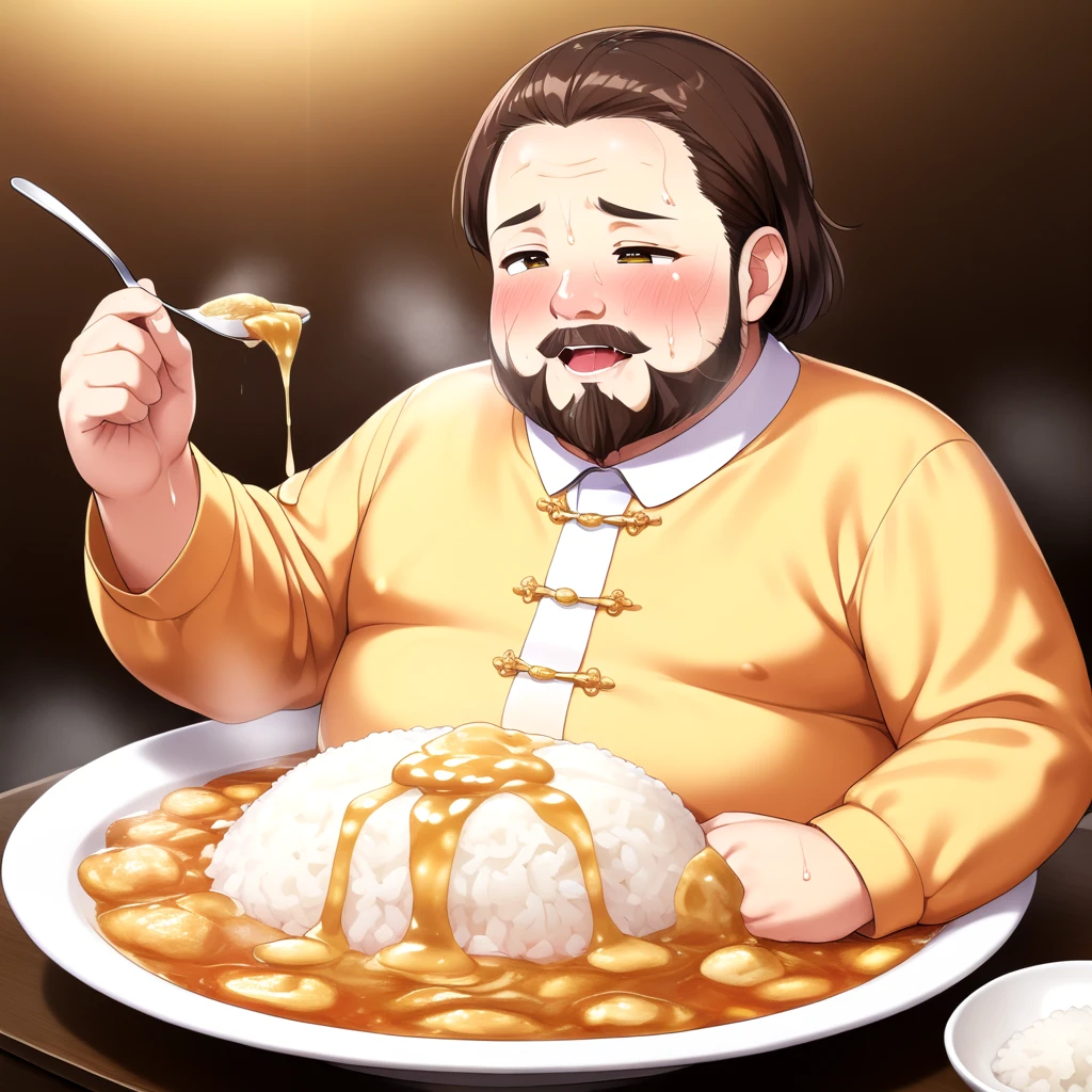 <lora:akashiyaki&tamagodon_SDXL:0.7>, beard fat man with spoon, long sleeves, serve tamagodon with rice