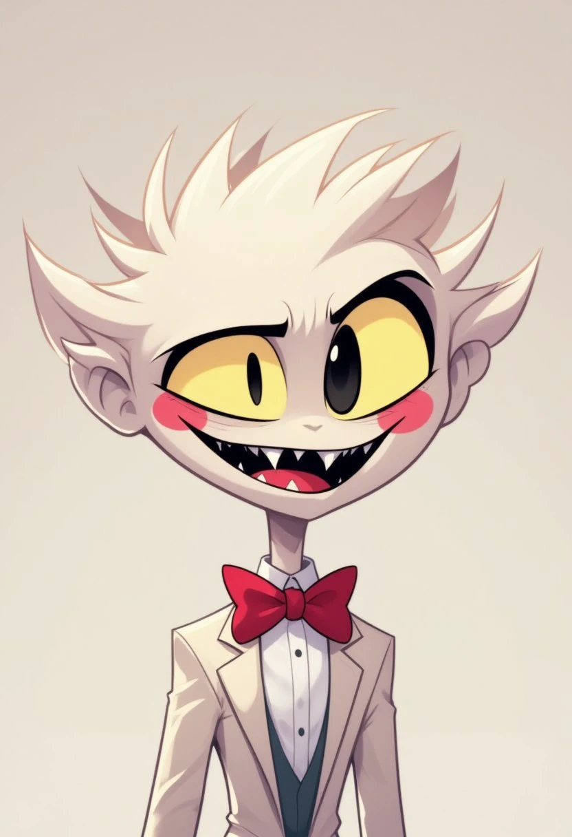 (hhstyle:1.2), cartoon, demon with a pale, almost white skin tone, and a large, exaggerated head with a tuft of spiky, light-colored hair on top. His eyes are large and round, with one eye being yellow and the other black, creating a striking contrast. They have small, round pink cheeks and a wide, open mouth revealing sharp, pointed teeth. The character is wearing a red bow tie and a white suit jacket with a white shirt underneath,