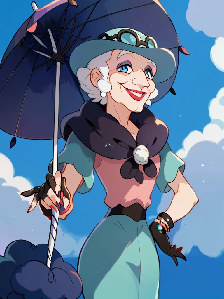 <lora:OpalPDXL_v1:1>OpalPDXL, old, 1girl, umbrella, hat, solo, holding, dress, holding umbrella, gloves, white hair, makeup, smile, scarf, <lora:Expressive_H:0.8> Expressive_H<lora:J_cartoon:0.8>j_cartoon<lora:WesternCartoonClassicDisney100:0.8> score_9, score_8_up, score_7_up,