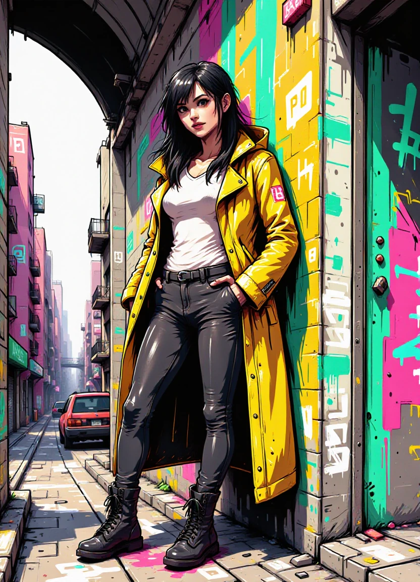 neongraf_style, title text "NEON GRAFFITI" in center, apartment interior, cute adult woman leaning against a wall in a city street underpass tunnel, wearing long yellow jacket and combat boots, hotpants, t-shirt.