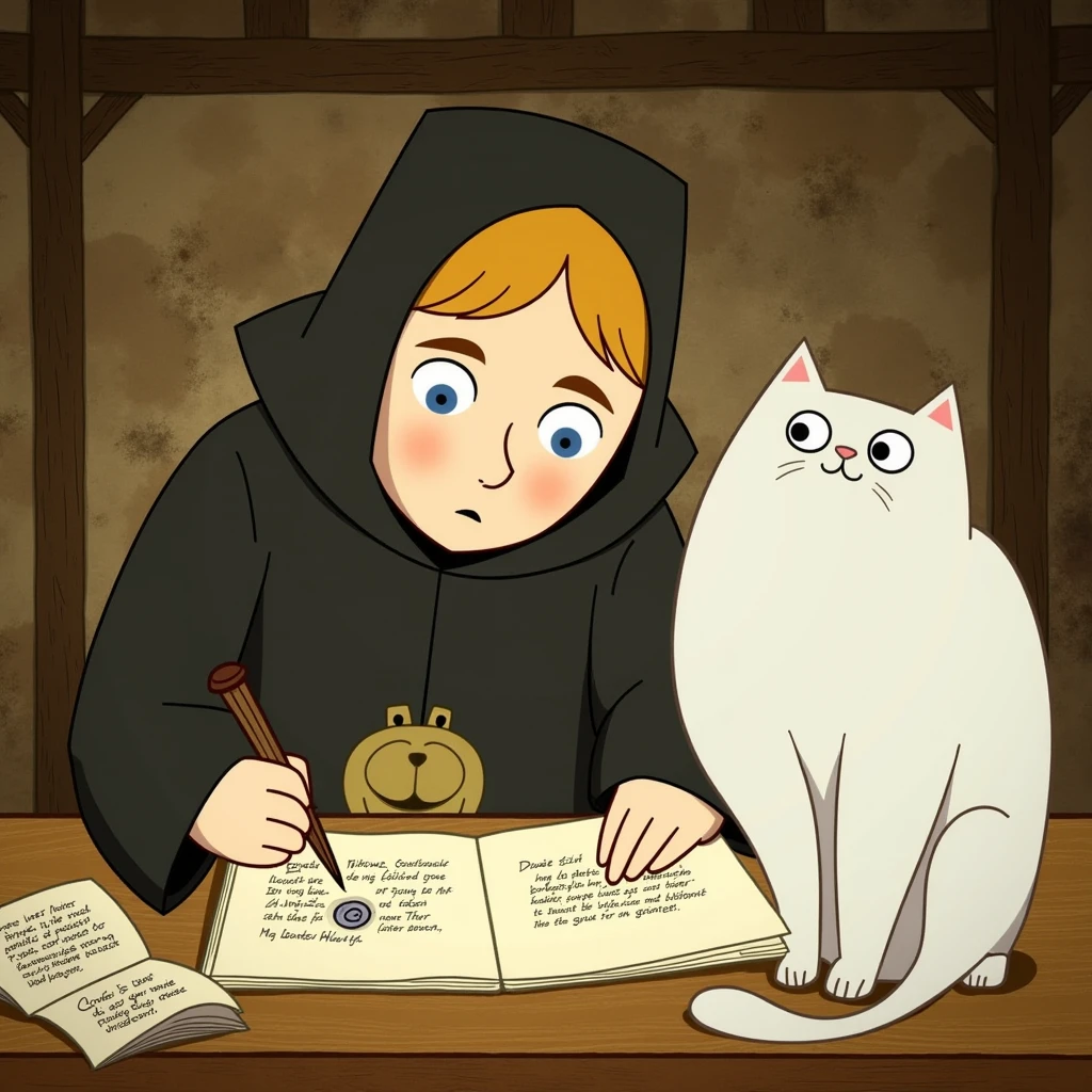 In the style of Cartoon Saloon. A young monk in a medieval scriptorium carefully illuminates a manuscript. Large white cat curiously watching him.