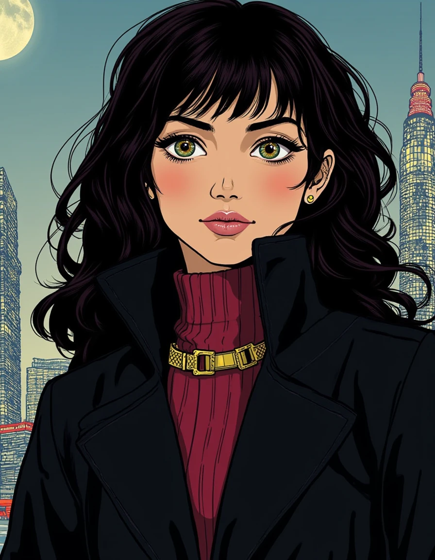 ((Retro 90s Anime style illustration)) drawing of a closeup on face of woman wearing a long black trench-coat futuristic city in the background in the style of the 90s anime Akira.  <lora:Ana_de_Armas_FLUX_v1-000061:1>