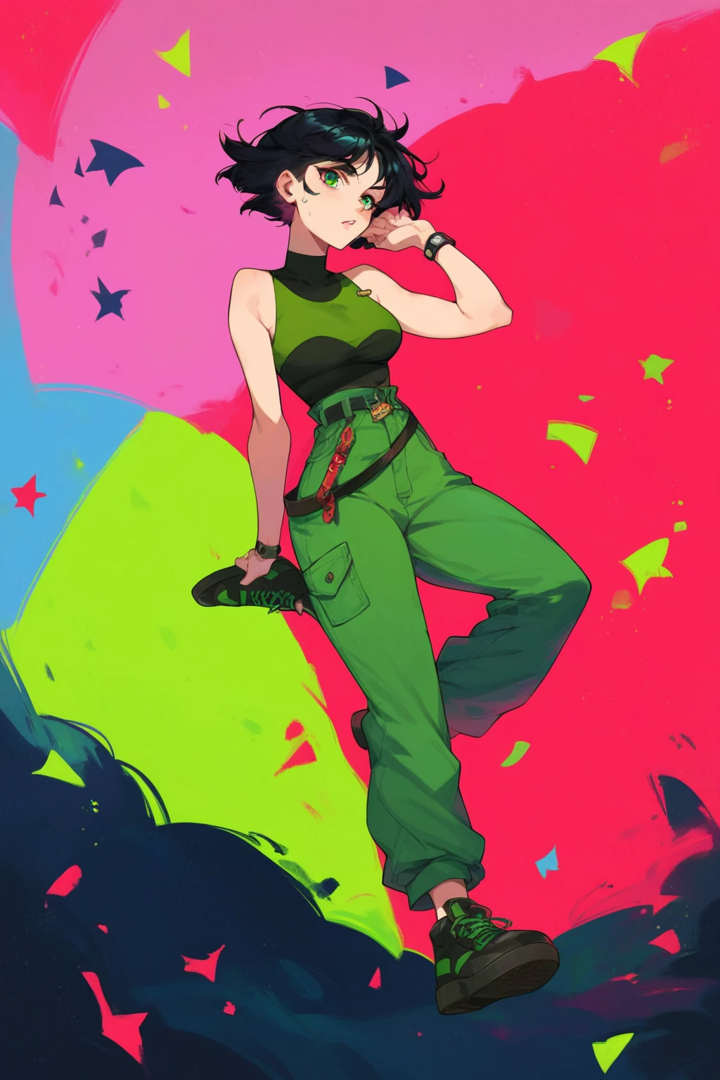 score_9, score_8_up, score_7_up, score_6_up, score_5_up, score_4_up, masterpiece, high quality, full body, 1girl, <lora:ButtrCup:0.9> ButtrCup, black hair 1girl, black hair, short hair, , green outfit,