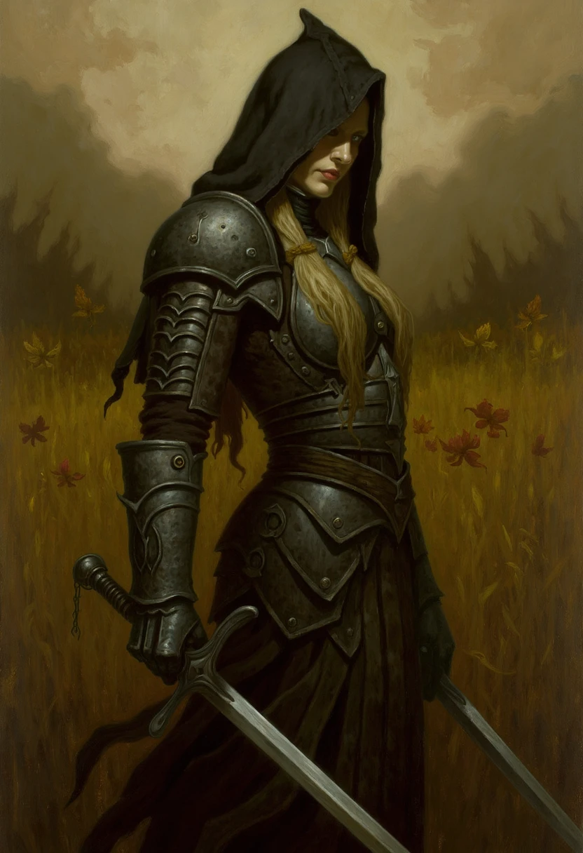 A closeup view of an atmospheric and powerful dark fantasy, natural organic and impressionist classical-style painting of a female warrior known as a hooded warrior she stands in a field wearing full armor complete with gauntlets and breastplate her long hair flows down her back like a river of gold her hands are adorned with black gloves and she holds two swords in her hands ready for battle the overall pose is one of strength and determination as if she is ready to take on any challenge that comes her way