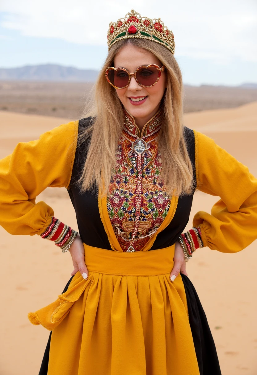 A professional glamour photo of diane diamond posing in the sahara desert dressing a Yellow and black traditional Norwegian Bunad dress.. she is laughting at the viewer while hoher heart shaped shaded glasses. She has blue eyes and light brown long hair.