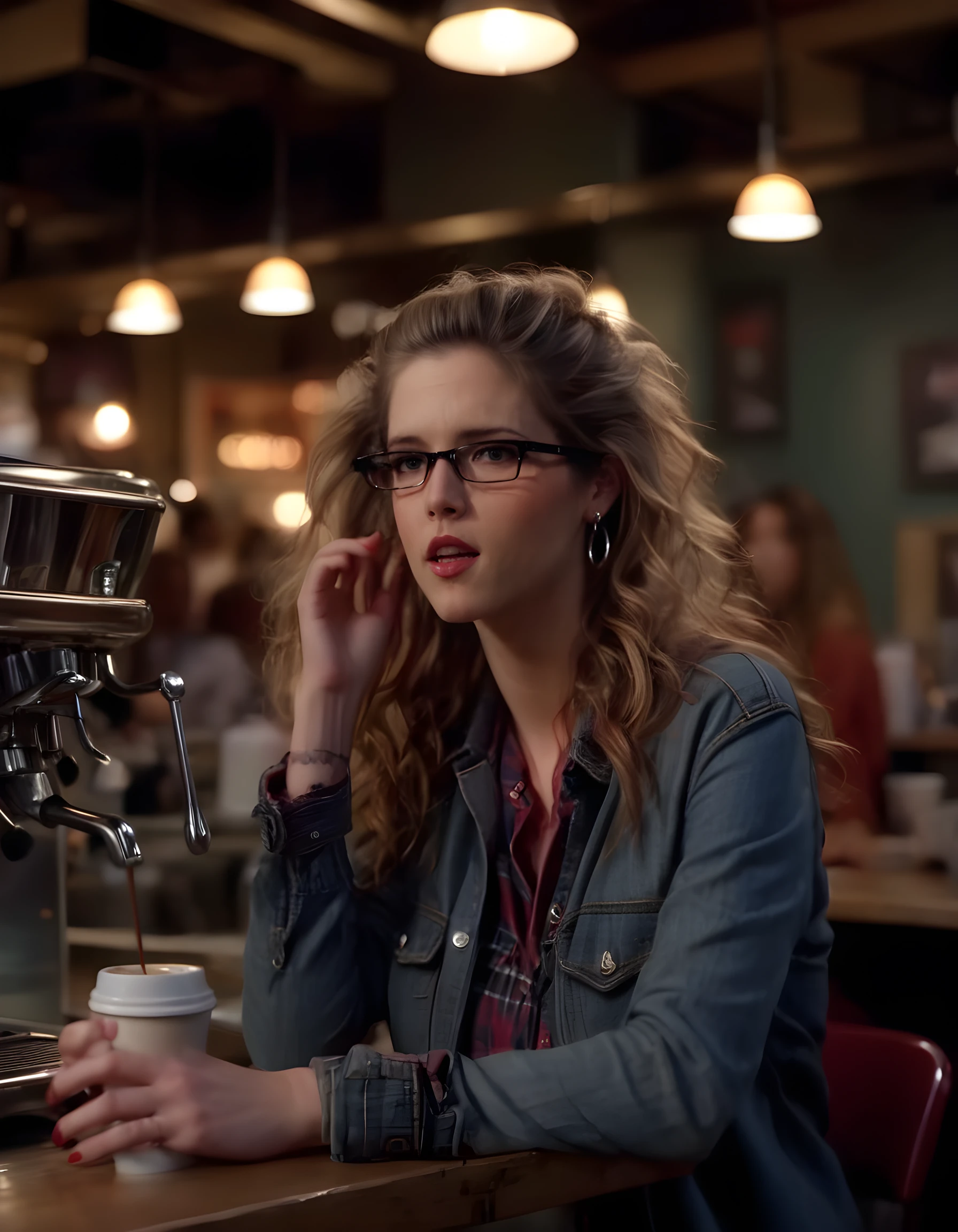 In a grunge-inspired, dimly-lit Seattle coffeehouse, a striking woman named EM1LYBR stands center stage, her long, wavy hair cascading over one shoulder as she dons a unique ensemble of distressed denim and a plaid flannel shirt. Her glasses perch on the bridge of her nose, reflecting the soft, warm glow emanating from the overhead lights above the vintage espresso machine. Her pierced ears glint with silver hoop earrings, and her parted lips are slightly pursed as if ready to speak, creating an air of both vulnerability and strength. The background is a blurred chaos of mismatched furniture, steamy coffee cups, and the chatter of patrons, while the camera angle presents a close-up view that captures every detail of her expressive face and intense gaze, as if she is reaching out directly to the viewer with her unwavering, piercing stare.