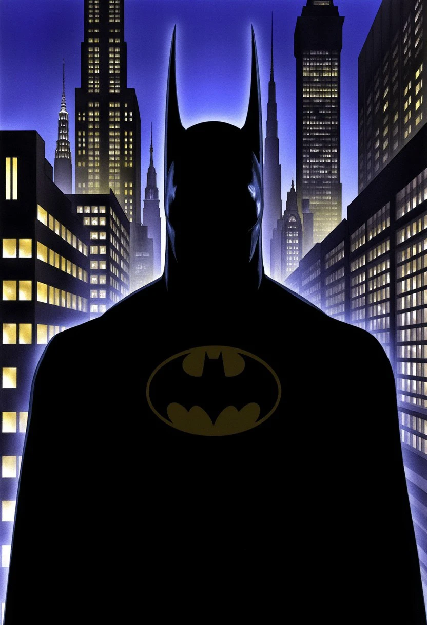 AlexRossstyle, Batman, dramatic lighting, comic book art, city nightscape, scowling, brooding