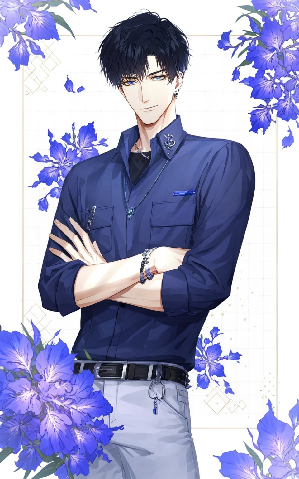 8k, best quality, masterpiece, (ultra-detailed),
smile, (standing, medium shot, looking at viewer, white background, clean background:1.5), (pseudo-impasto:0.7), (by ask:0.5), (by rella:0.3), (by mochizukikei:0.3), high resolution, intricate details, solo, close up shot,
<lora:xiaoyi-neta-Tanger-000014:0.8>, 1boy, xiaoyi, male focus, flower, solo, crossed arms, belt, shirt, black hair, bracelet, jewelry, pants, looking at viewer, pocket, short hair