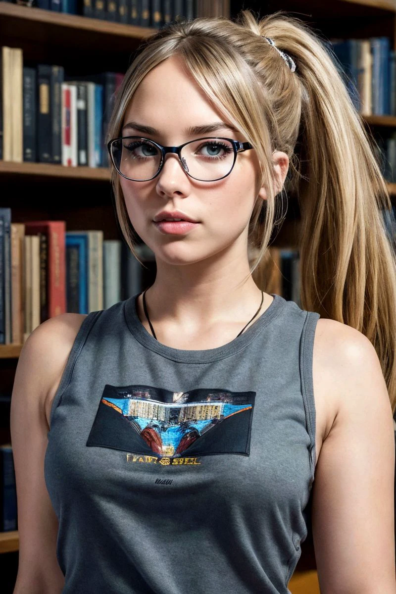 photo of S511_SelvaggiaBabe,a stunning woman,in a (library:1.1),wearing a (sleeveless sweatshirt),glasses,ponytail,(4k, RAW photo, best quality, 50mm, depth of field, ultra high res:1.1),(intricate, photorealistic, cinematic-shot, masterpiece, ultra-detailed:1.1),