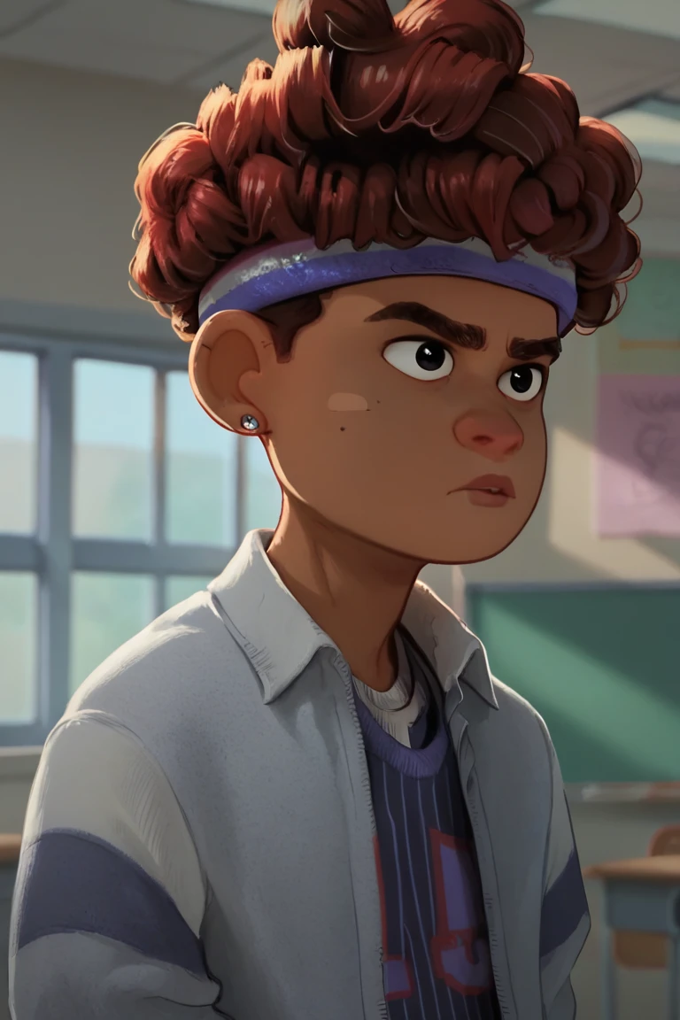 Score_9, score_8_up,score_7_up,TylerNguyen, 1gilr, red hair, 1boy, curly hair, black eyes, dark skin,afro, headband, earrings, solo,standing, classroom, upper body