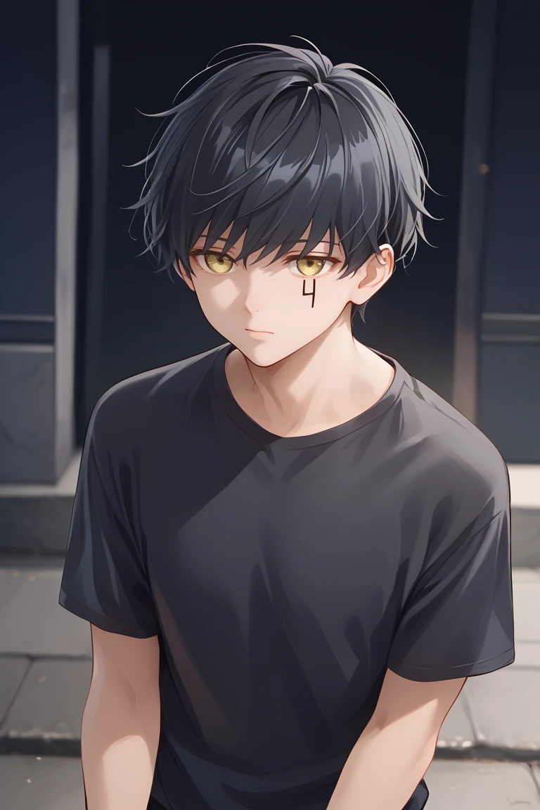 Score_9,score_8_up,score_7_up,Highly detailed, masterpiece, high quality, beautiful, high resolution, good details,1boy,solo,boy focus,mash burnedead, short hair, black hair, yellow eyes, facial mark, tight black shirt, cowboy shot<lora:EMS-463933-EMS:0.800000>