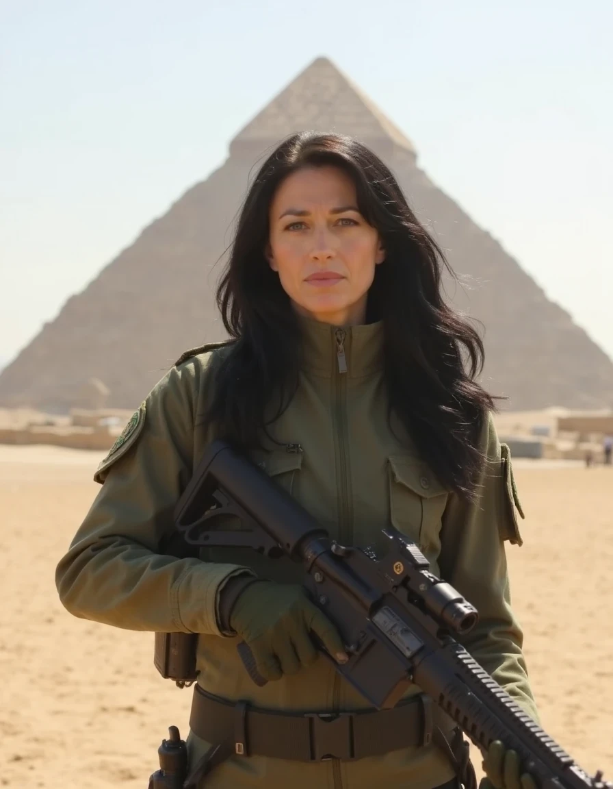 photo of ohwx as Vala Maldoran taking a selfie in front of the Gizeh pyramids. Vala mal Doran is portrayed by Claudia Black with long black hair, wearing a Stargate SG1 military uniform. She is holding a AR15 rifle 