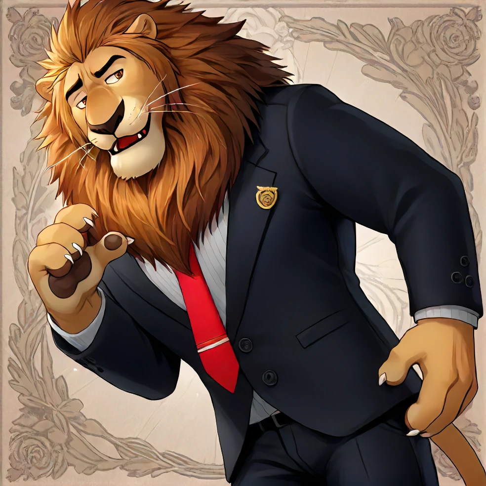 zPDXL3, score_9, score_8_up, score_7_up, source_furry, (detailed background), <lora:Leodore_Lionheart:0.9> leodore lionheart, 1boy, solo, lion boy, black suit, red necktie, black pants