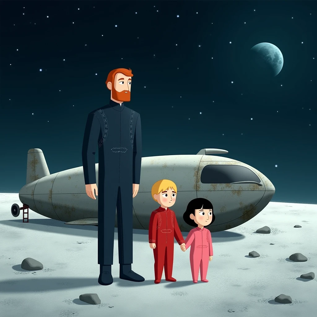 In the style of Cartoon Saloon. Digital illustration is set on the moon, featuring a somber scene bathed in the soft, ethereal glow of distant starlight. The central characters include a tall, bearded man with a serious expression, dressed in a dark blue spacesuit with subtle, intricate patterns. Beside him stands a blonde boy with a concerned look, wearing a red spacesuit. Between them is a young girl with short black hair, clad in a pink spacesuit, holding the boy's hand.

They stand near a weathered, silver spaceship with a rounded, retro design, its surface marked by the wear of many journeys. The ship is grounded on the moon's dusty, cratered surface, with small rocks and lunar dust scattered around. The distant Earth hangs in the starry sky, adding a touch of melancholy to the scene. The overall color palette is muted, with shades of grey, blue, and white dominating, evoking a sense of solitude and introspection. The textures are smooth yet detailed, maintaining a stylized yet somewhat realistic look.