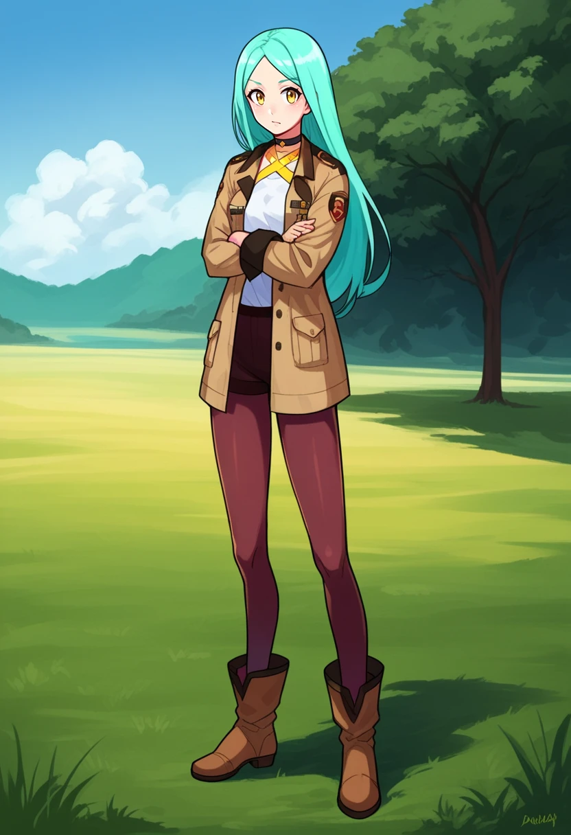 PonyXLV6_Scores,source_anime,1girl,isabellaaw, <lora:IsabellaAWPony:0.95>,long hair,aqua hair,yellow eyes,choker,jacket,military uniform,uniform,pantyhose,boots,full body,outdoors,field,sunny,small breasts,(solo:1.2),facing viewer,standing,crossed arms,portrait, <lora:Capcom_Vs_SNK:1>