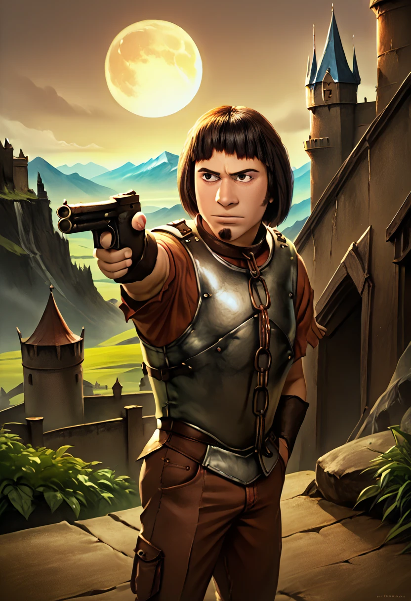 score_9, score_8_up, realistic, detailed, 1boy, solo, HuiBuh, bob cut, blunt bangs, dark brown hair, goatee, metal collar, armor, chain, breastplate, aiming, weapon, holding weapon, holding gun, handgun, hand in pocket, outdoors, mountain, moon, castle, backlighting <lora:YusufDikecGunPose_pdxl_Incrs_v1> <lora:hui_buh-v1.2.35>​​​