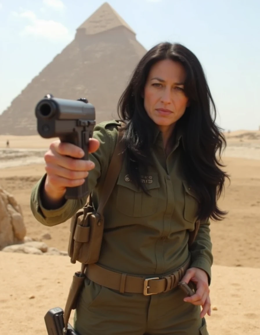 photo of ohwx as Vala Maldoran taking a selfie in front of the Gizeh pyramids. Vala mal Doran is portrayed by Claudia Black with long black hair, wearing a Stargate SG1 military uniform. She is wielding a Desert Eagle