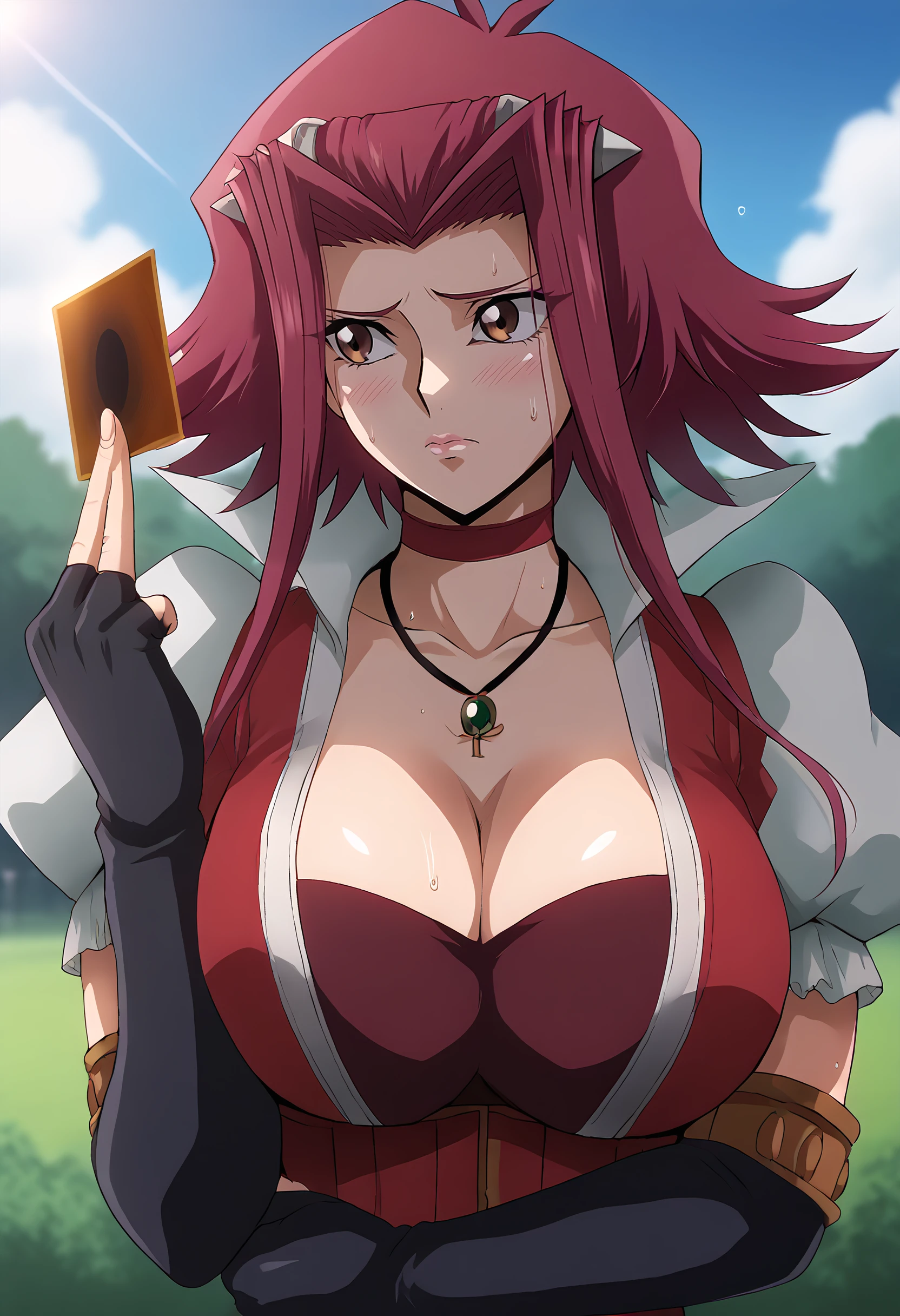 harayu, score_9, score_7_up,  source_anime BREAK 1girl, looking to the side, upper body, close-up, 
<lora:Izayoi_Dwnsty:1>, izayoi_casual, brown eyes, red hair, short hair with long locks, necklace, elbow gloves, black gloves, fingerless gloves, puffy short sleeves, red choker, cleavage, 
large breasts, lips,nervous, sweatdrop, sweat, holding yugioh card, yugioh card, <lora:Holding_Yugioh_Card_Dwnsty-000004:0.8>, hands up, foreshortening, 
outdoors, nature, cloudy sky, sunlight,