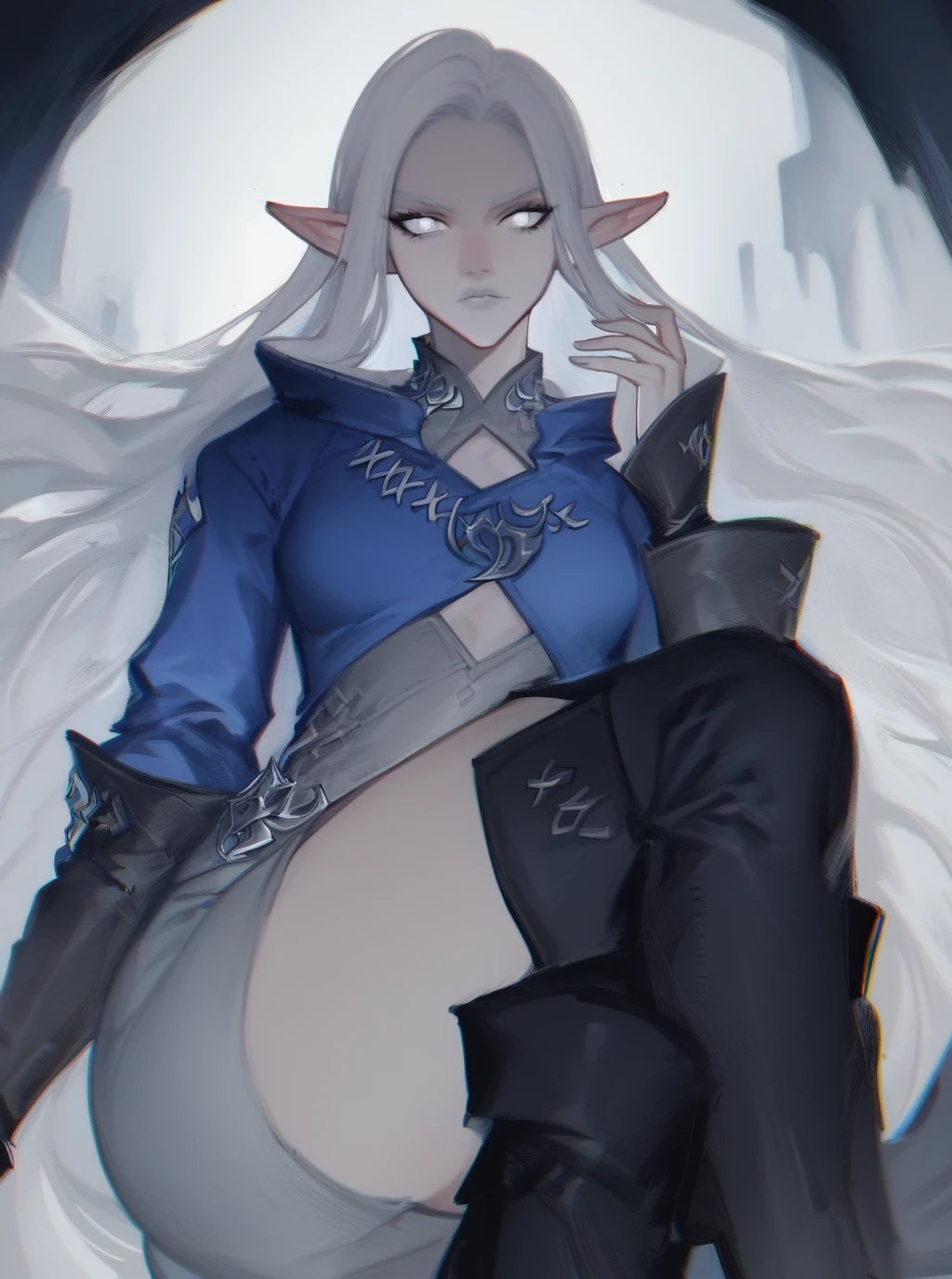 obra maestra, mejor calidad, ultra alto detalle, (BlowJobFullQuiron style) ,1 gray skin elf white hair, NSFW, desnuda, ponytail haircut, aqua eyes, (serious expressions), 1 chico, hetero, penis, solo focus, labios, pubic hair, sin censura, Erection, oral, fellatio, male pubic hair, el fondo es dentro de un arbol, anime screencap