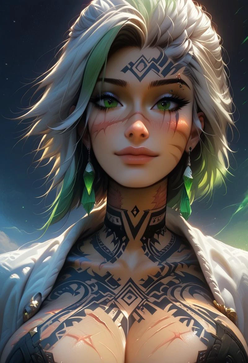 Score_9, score_8, high quality, masterpiece, beautiful, Aurora, tattoos, ombre haircolor, black and green hair, layered hair, scars, close up, perfect face, perfect body, large breasts, skimpy robe top, shy smile, full head visable,