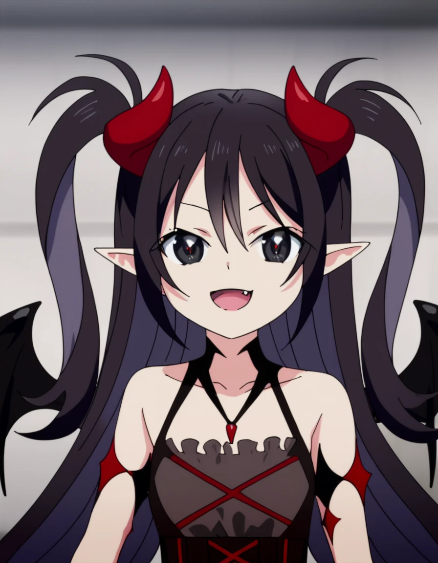 <lora:ExplorationHero:1>, soft smile, portrait,  Luceria, long hair, black hair, pointy ears, fang, black eyes, black dress, two side up, demon girl, demon horns, demon wings, red horns