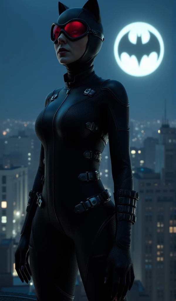 a woman with dressed as catwoman in a black catsuit, tainted red googles on the head, is standing on top of a building by night. A light with the batman sign is projected in the sky  <lora:Catwoman:1.1>