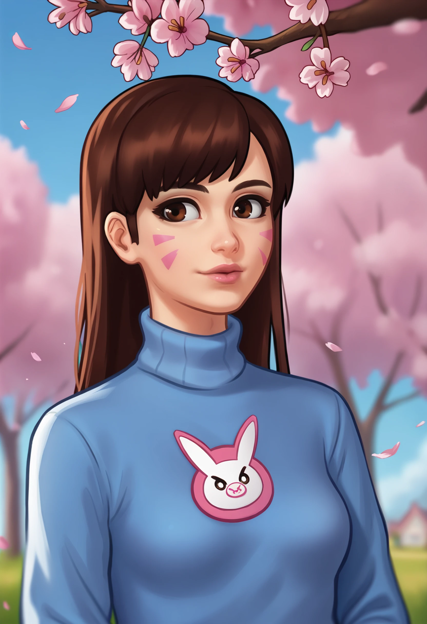 score_9, score_7_up, <lora:summertimesaga-guy-PONY-DORAv1:1>, 1girl, solo, (d.va \(overwatch\)):0.6, sweater, portrait, depth of field, cherry blossoms