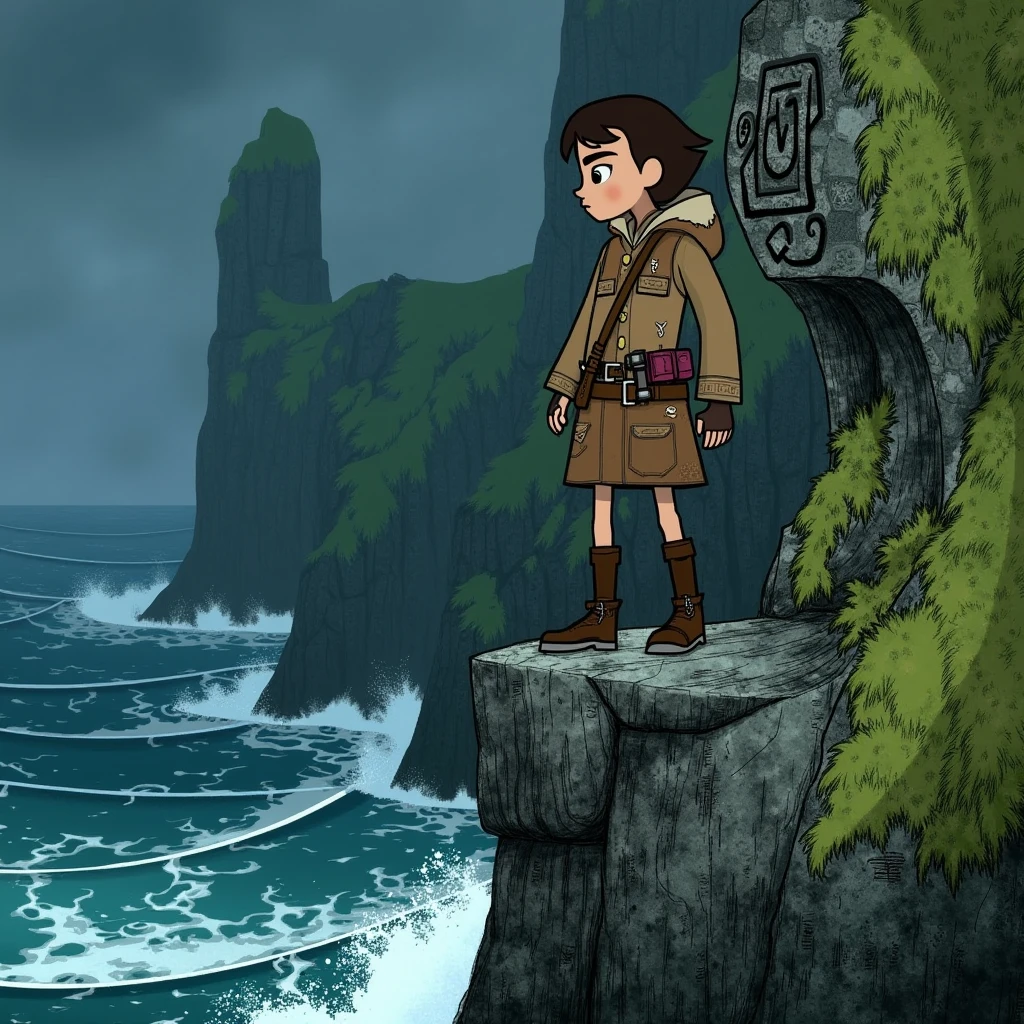 In style of Cartoon Saloon. A dramatic coastal scene with crumbling, ancient stone ruins overhanging a stormy sea. On a cliff's edge, a brave young adventurer with a rugged appearance stands against the wind. She wears a weathered leather jacket with silver embroidery, a fur-lined hood, and a belt filled with curious trinkets. Her short, tousled hair and determined expression are framed by the darkening sky and rolling waves below. The ruins are etched with ancient symbols and partially covered in vibrant green moss, adding an aura of mystery to the scene.