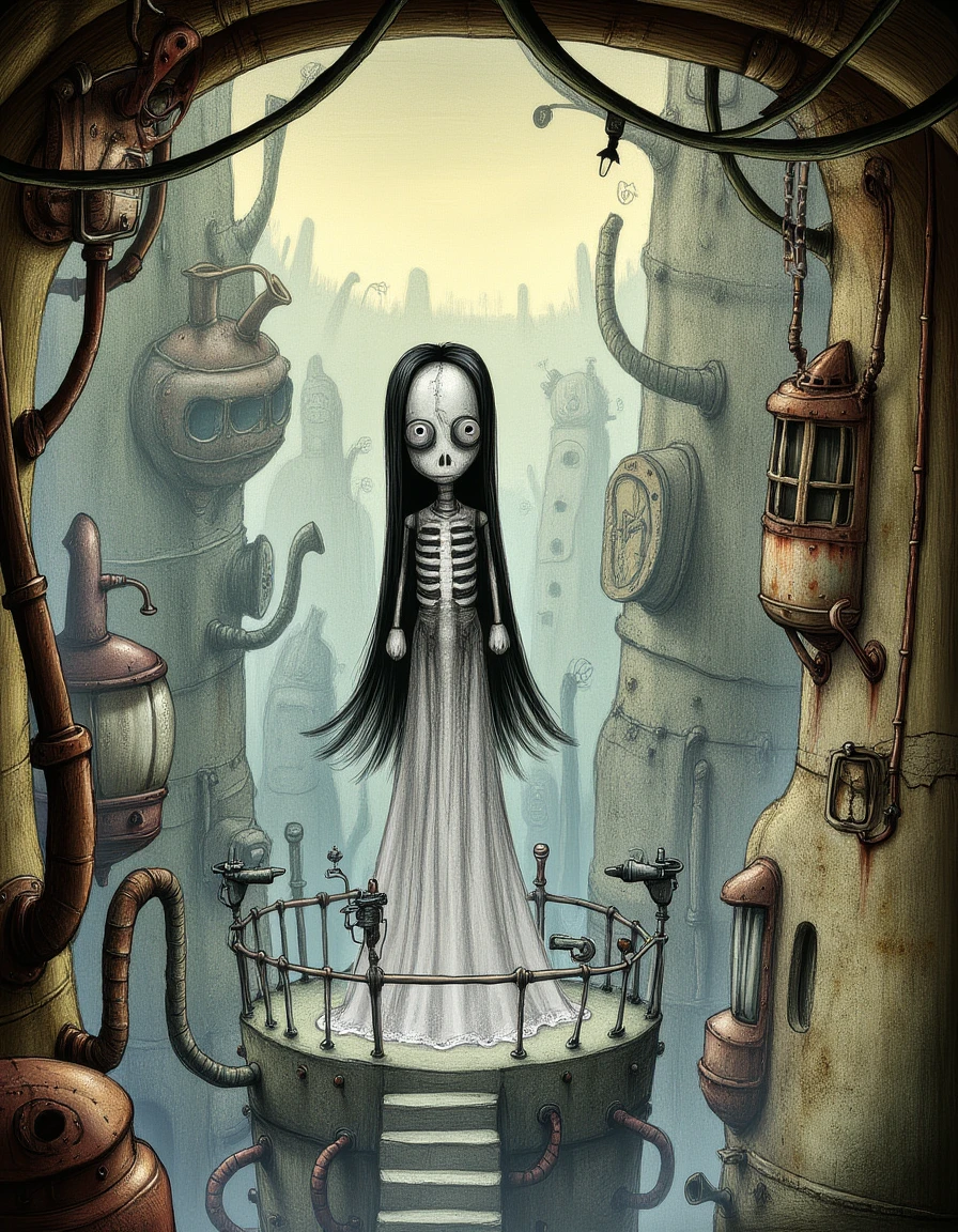 A machinart image of a pale, ethereal bride with flowing black hair, a skeletal frame, and a haunting, otherworldly beauty, reminiscent of Tim Burton's dead bride, looking directly at the camera with an unblinking gaze, set against the backdrop of a dilapidated, industrial watchtower made of rusty pipes and copper wiring, with intricate, steampunk-inspired machinery and gears visible in the foreground, surrounded by a halo of soft, golden light, amidst a muted, pastel-colored palette of dusty blues and greys, with bold, black lines and delicate, hand-drawn textures, evoking a sense of nostalgia and decay, in a surrealistic, dieselpunk world, with a mix of victorian and industrial elements, and a hint of retro-futurism, extremely detailed, with a focus on linework and flat, 2d art, in the style of Machinarium, with a slightly gritty, yet dreamlike quality.