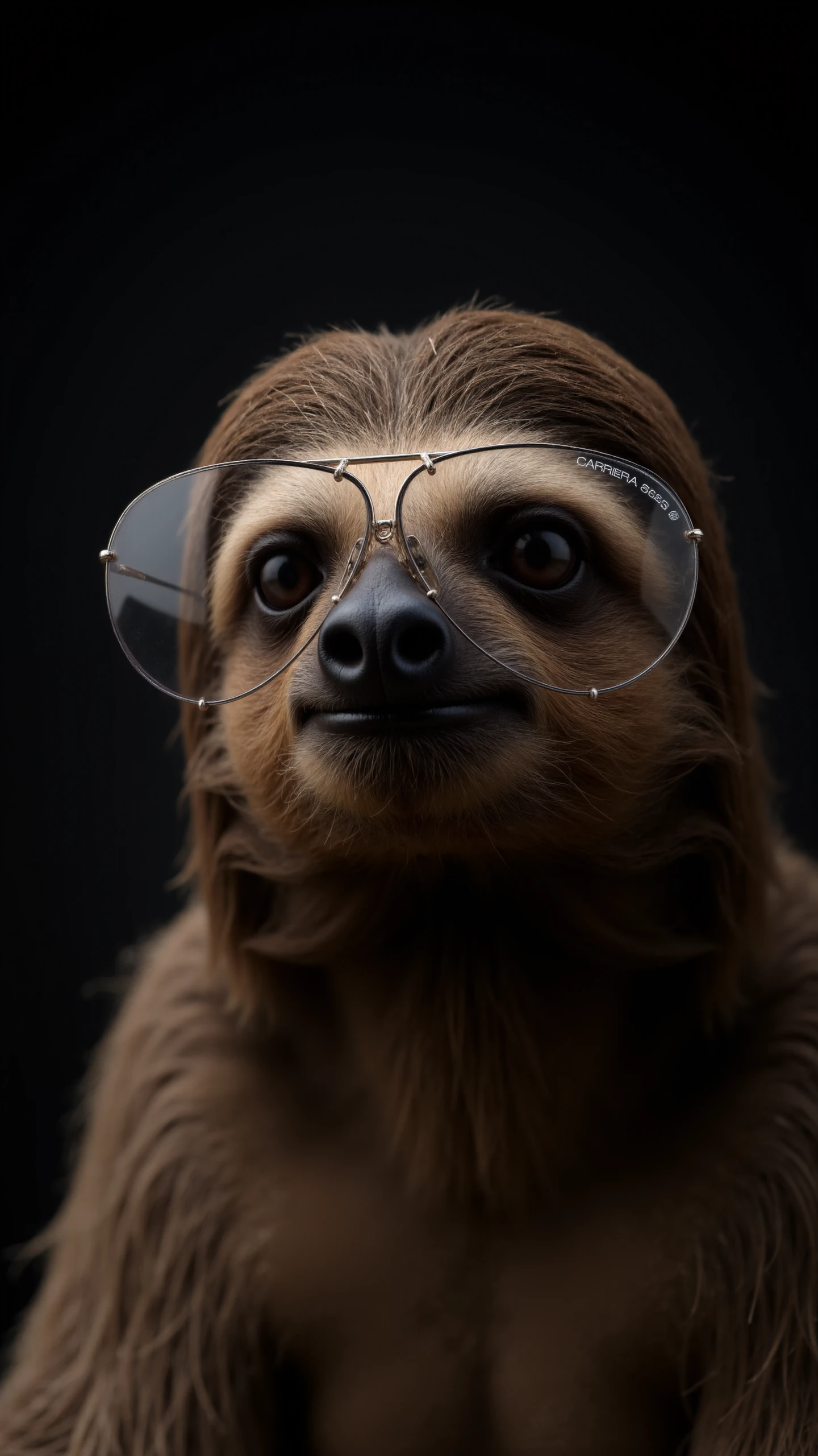 portrait Photo of a sloth,close up, head, wearing a Carrera 5623 PD,sunglass,letter on the glass reads CARRERA, in a dark photostudio