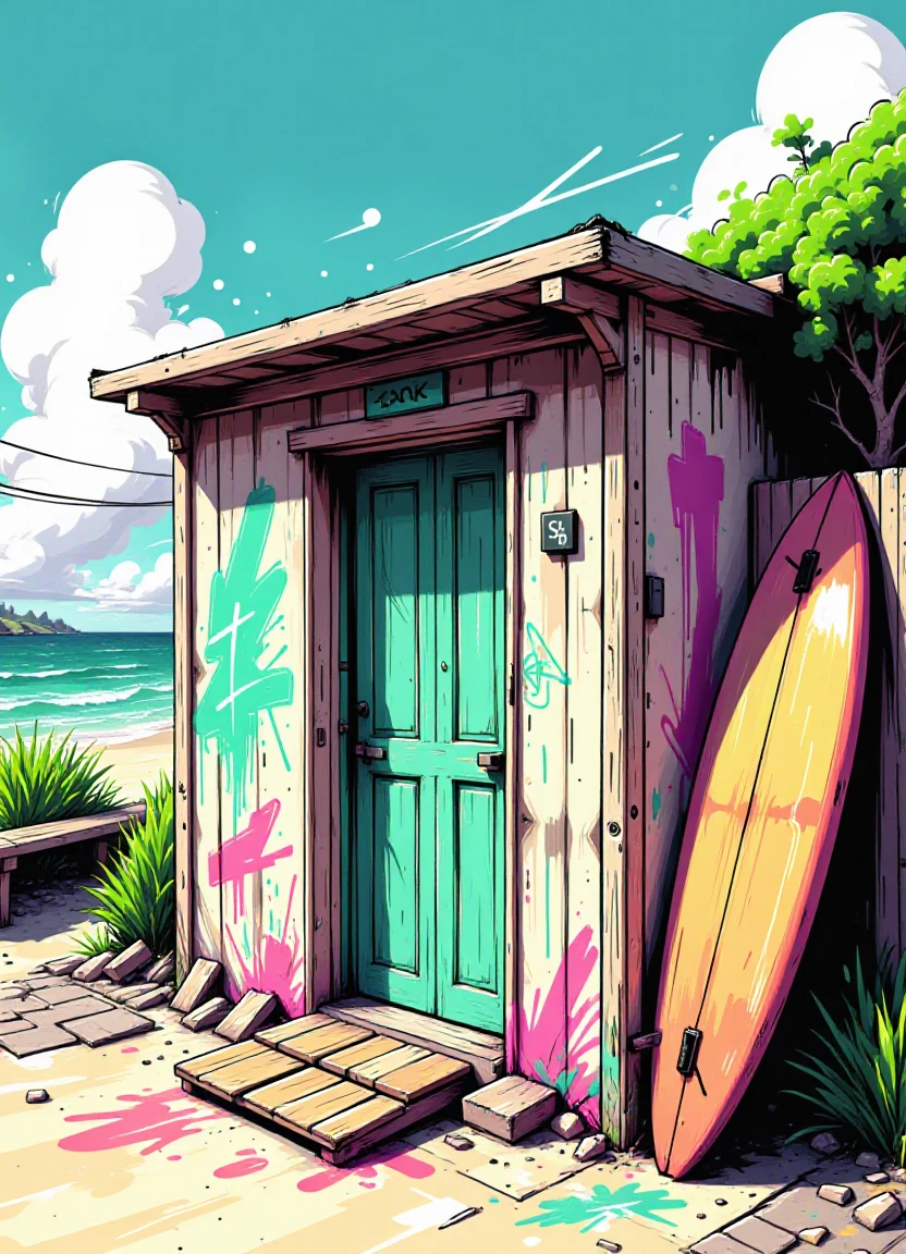 neongraf_style, beach hut with surf board leaning against the wall outside