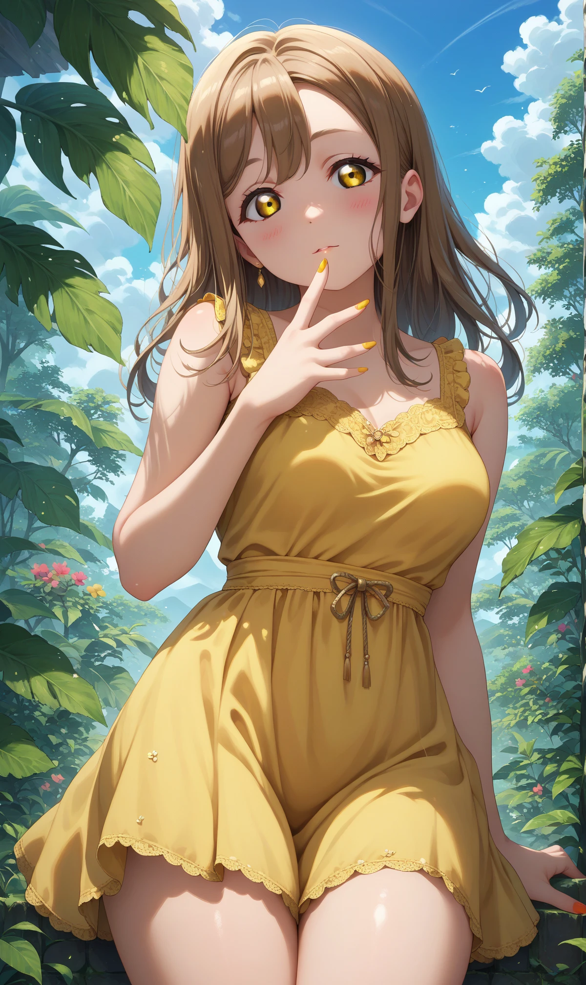 score_9, score_8_up, score_7_up, solo, 1girl, zuramaru, long hair, looking at viewer, medium breasts, 
yellow dress, blush
(thighs:1.3), cowboy shot, outdoors, greenery, nail polish, sky
<lora:zuramaru-04:1>