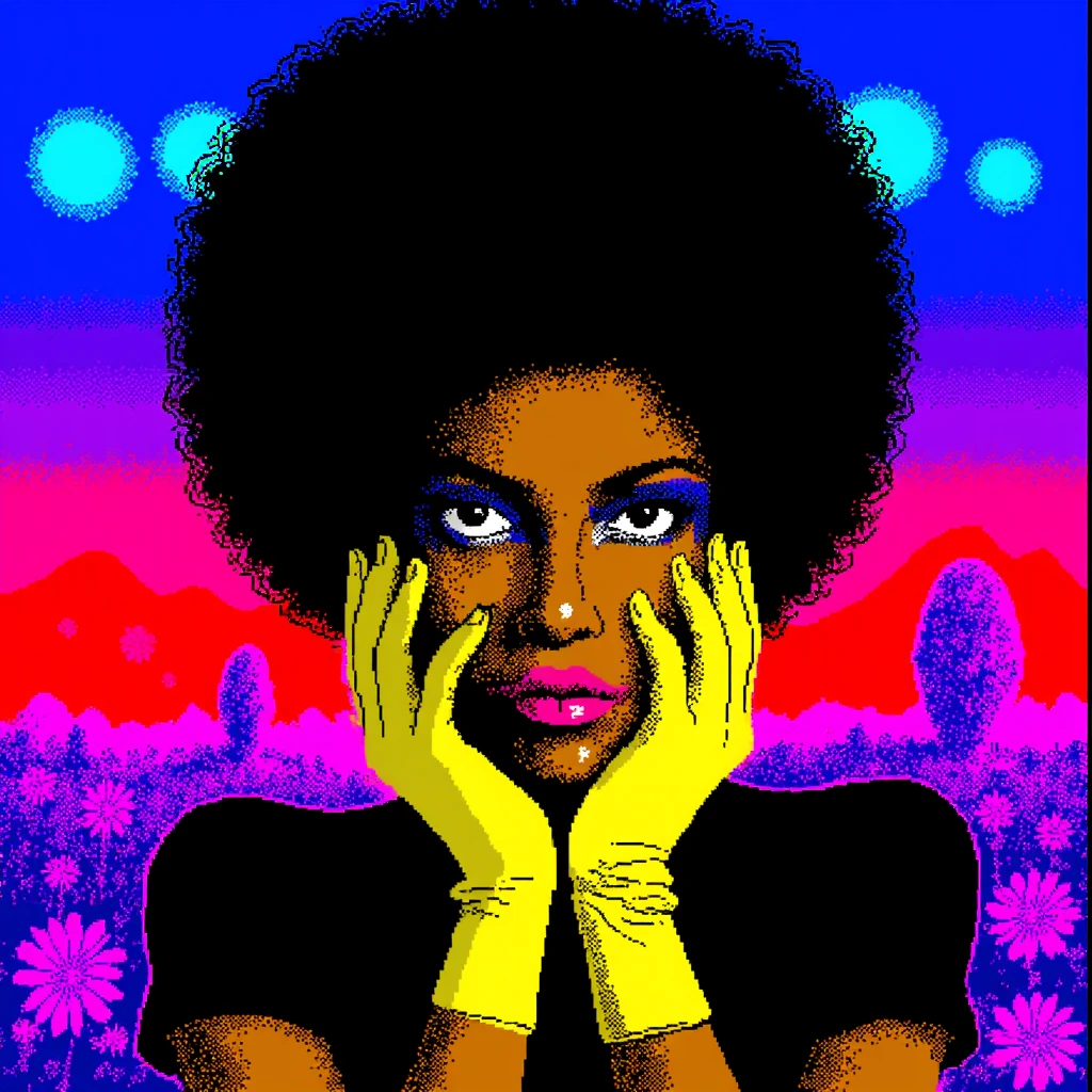 <lora:ZX_SpectrumFlux:0.9>, ZX Spectrum art depicting of a woman with an afro hairstyle. She is wearing a black top and yellow gloves. The woman has a serious expression on her face and is looking directly at the viewer. The background is a gradient of blue and red, with pink and purple flowers scattered throughout. The overall style of image is psychedelic.