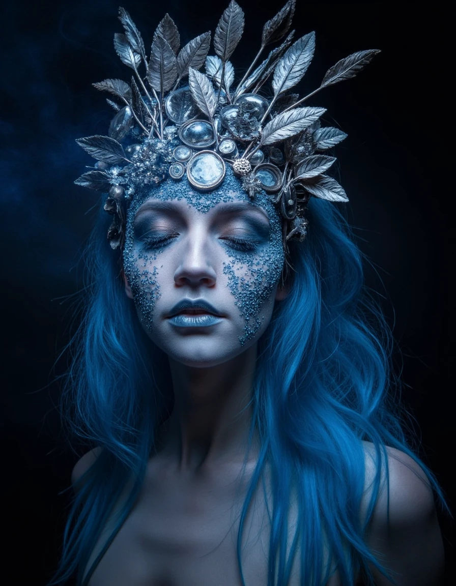 The image is a portrait of a woman with long, flowing blue hair. She is wearing a futuristic-looking headpiece made of metal and leaves, with intricate details and patterns. The headpiece is intricately designed with a variety of shapes and sizes, including circles, squares, and triangles. The woman's face is covered in a layer of silver glitter, giving her a mystical and ethereal appearance. She has a pale complexion and her eyes are closed, as if she is deep in thought. The background is dark and moody, with a hint of smoke or fog surrounding her. The overall mood of the image is eerie and mysterious. <lora:stefan gesell small flux_epoch_9:0.9>