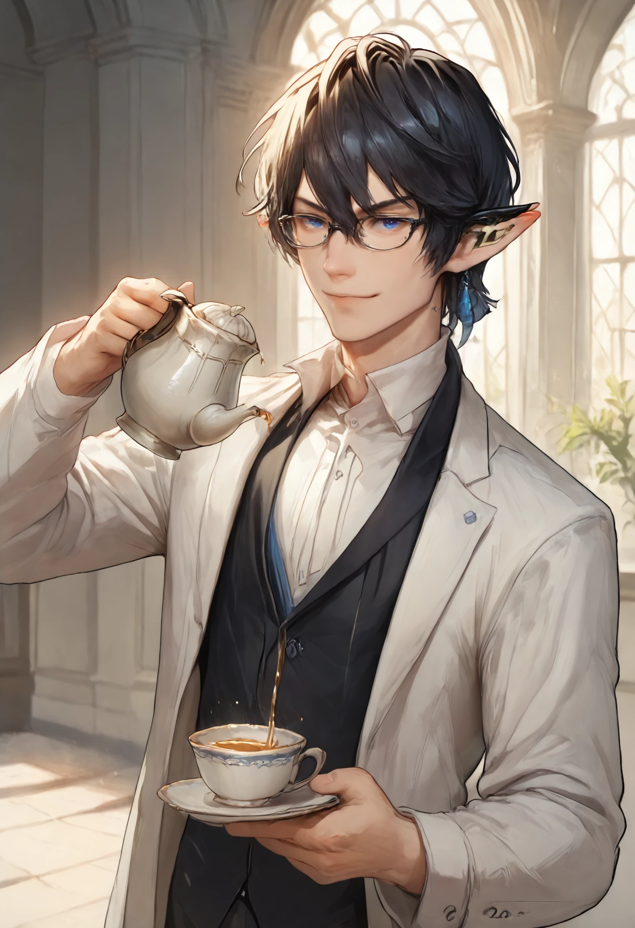 score_9,score_7_up,zPDXL2,mansion BREAK
1boy,aym3ric,solo,elezen,pointy ears,hair between eyes,black hair,blue eyes,single earring,butler,glasses,smile,
<lora:aymericv7:1>pouring,holding cup,holding teapot,looking at viewer,arm up<lora:holding_teapot_pouring_3_final_d32:0.9>