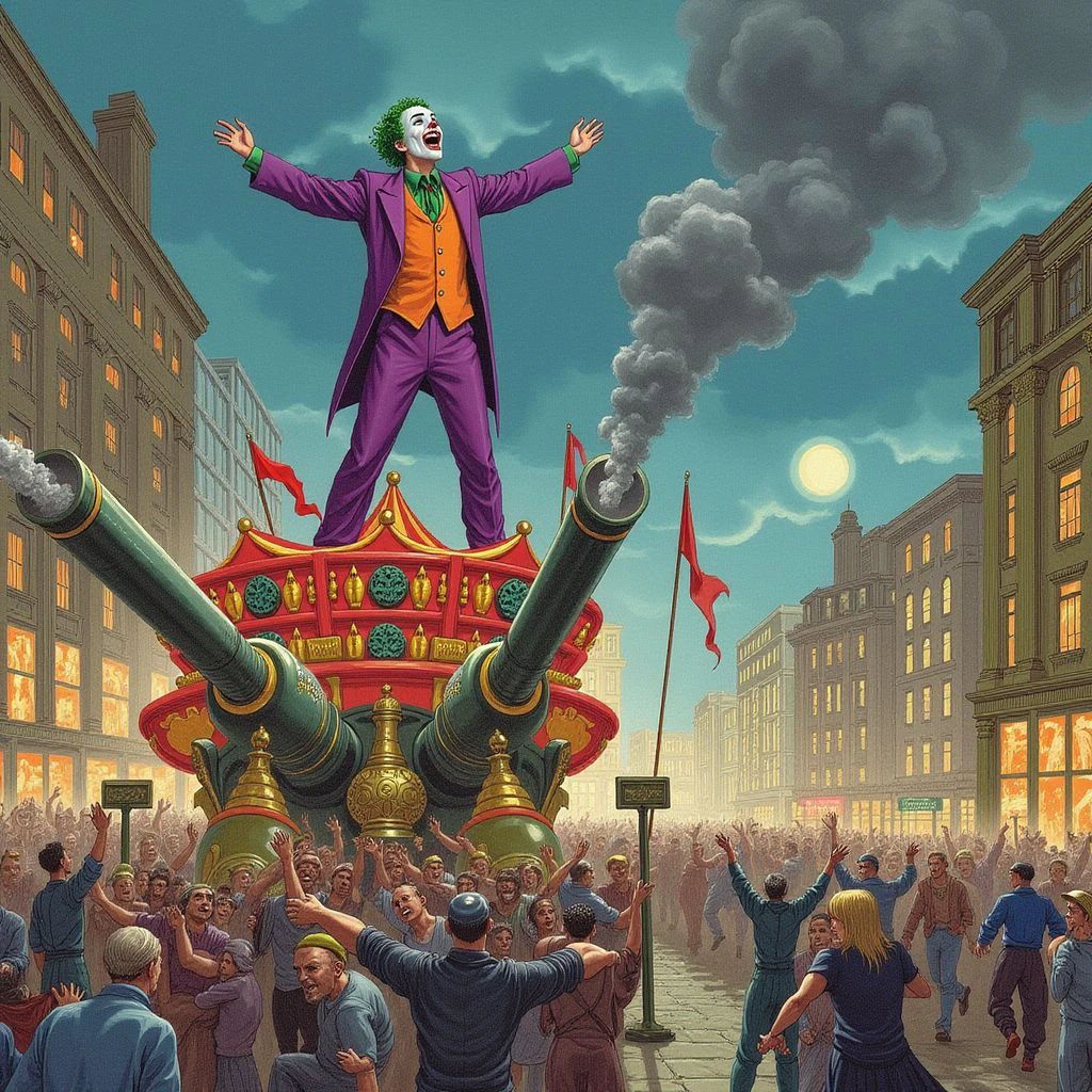 (gustavedore:1.3) style color lithograph classical literature illustration , crisp lines, moderate detail,
The Joker causing chaos in Gotham City. The Clown Prince of Crime stands atop a carnival float, arms spread wide as he laughs maniacally. His purple suit and green hair are a garish contrast to the panicked crowds fleeing below. Joker gas billows from oversized cannons, turning fleeing citizens into grinning victims. In the distance, the Bat-Signal shines against dark storm clouds, promising the arrival of Gotham's protector.,
medium contrast, tenebrism <lora:GustaveDore_Style_000005500:0.75>