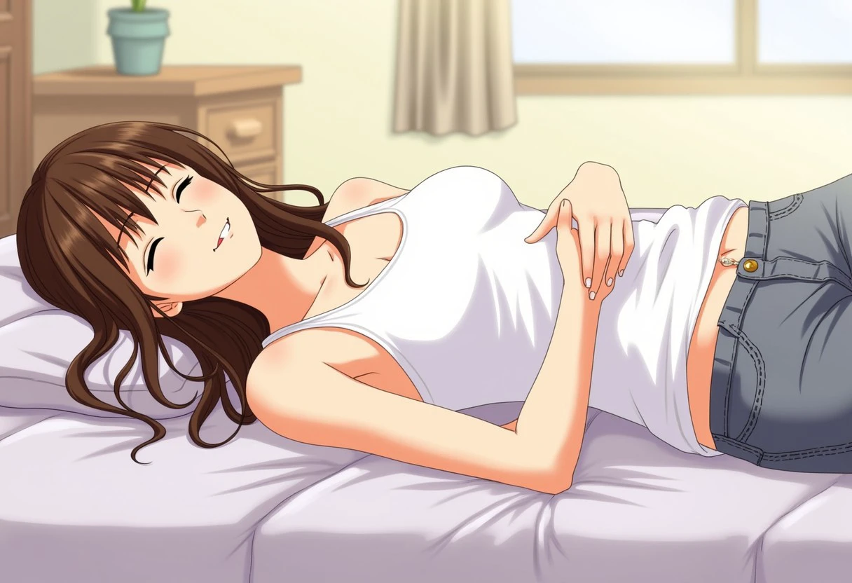 The image is an illustration of a young woman lying on a bed. She has long, straight brown hair that is styled in loose waves and falls over her shoulders. She is wearing a white tank top and is lying on her back with her arms resting on her stomach. Her eyes are closed and she has a peaceful expression on her face. The background is blurred, but it appears to be a bedroom with a window and a nightstand. The overall mood of the image is calm and serene.