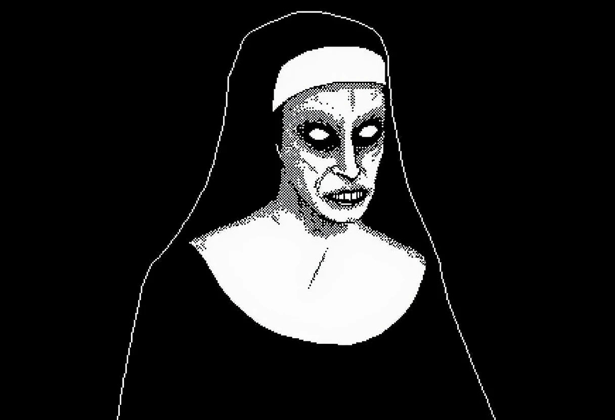 A nun demonic figure with penis in mouth, graphite technique on old paper style, deep brush shadows, professional illustration, creepy, sinister, grain textures, splattered ink, noise textures 