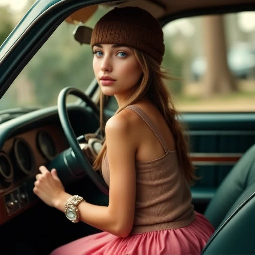 looking away, a girl with long hair wearing a pink skirt, a beautiful young woman getting out of the back seat of a car, steampunk attire, a beautiful blonde woman wearing a brown knit hat and scarf, goth, single hair braid, a beautiful young woman with long hair in a medieval costume, a beautiful young woman with long brown hair and a watch, Egirl