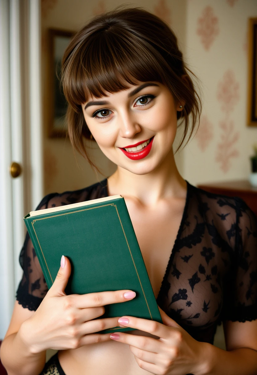 vintagephoto 1900s, woman, super model, solo, brown hair, short hair, bangs, brown eyes, makeup, open mouth, happy, big tits, navel, peace sign, covering breasts, fingernails, nail art, pink nails, holding a book, looking at book, vintage room, soft lighting, film grain, award-winning, professional, highly detailed